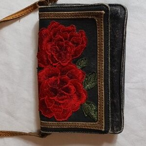 Mona B Canvas Crossbody Bag Black Distressed with Rose Embroidery Boho Goth